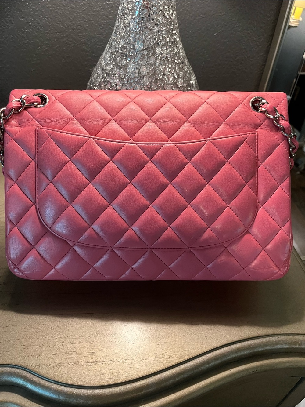 CHANEL Jumbo Quilted Double Flap Shoulder Bag in Hot Pink with Silver Hardware - Picture 9 of 13